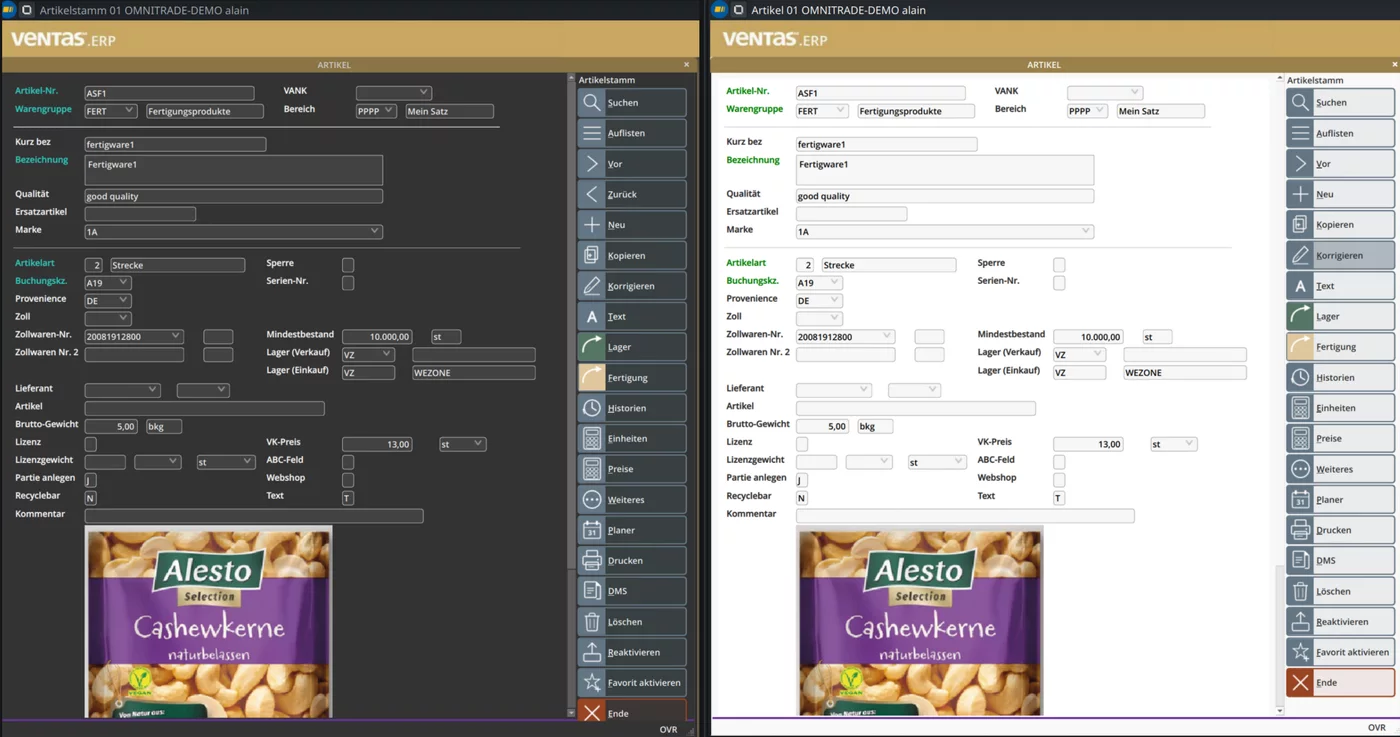 The same application in light and dark themes